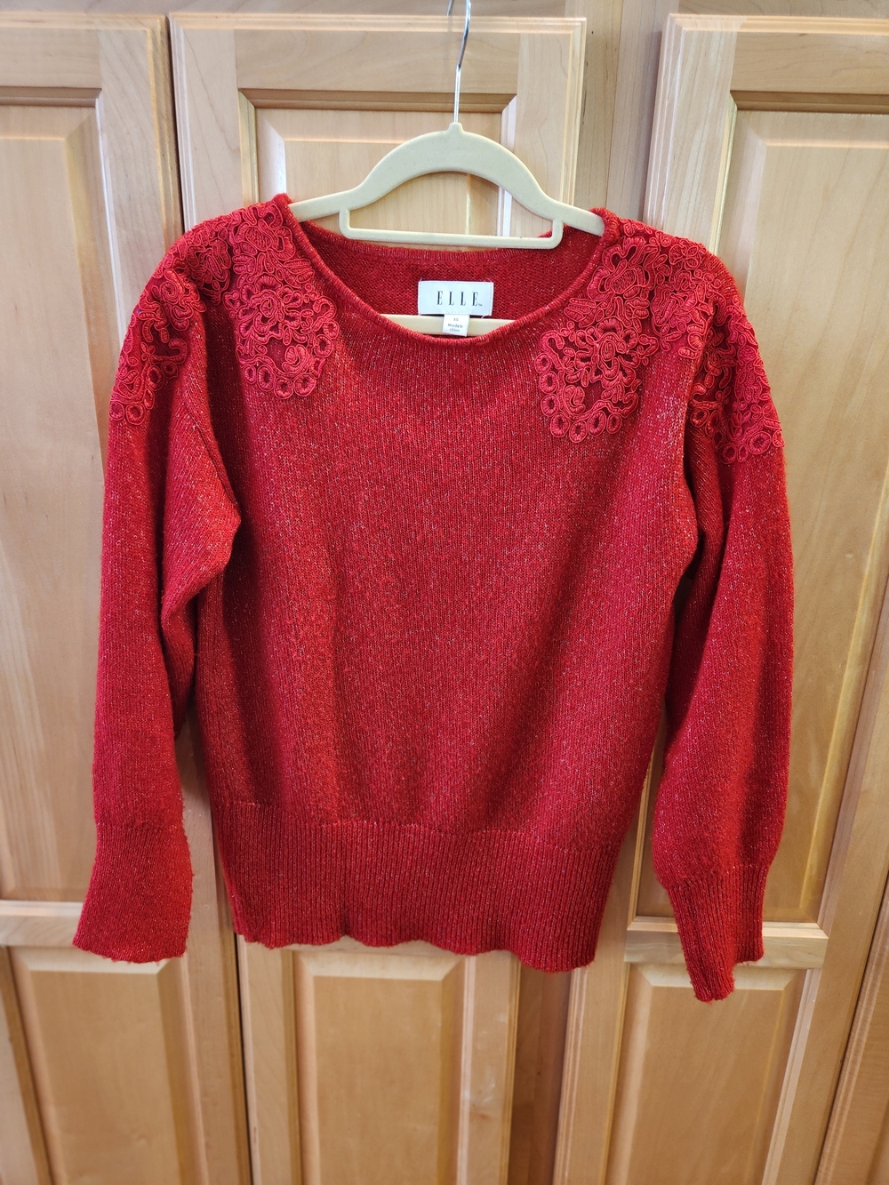 ELLE Red Lace-Detail Crew Neck Sweater